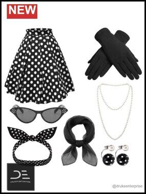 50s Polka Dot Poodle Skirt Costume Set Retro Rockabilly Outfit